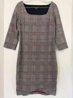 Express Women’s Small 3/4 sleeve black white red houndstooth shift midi dress